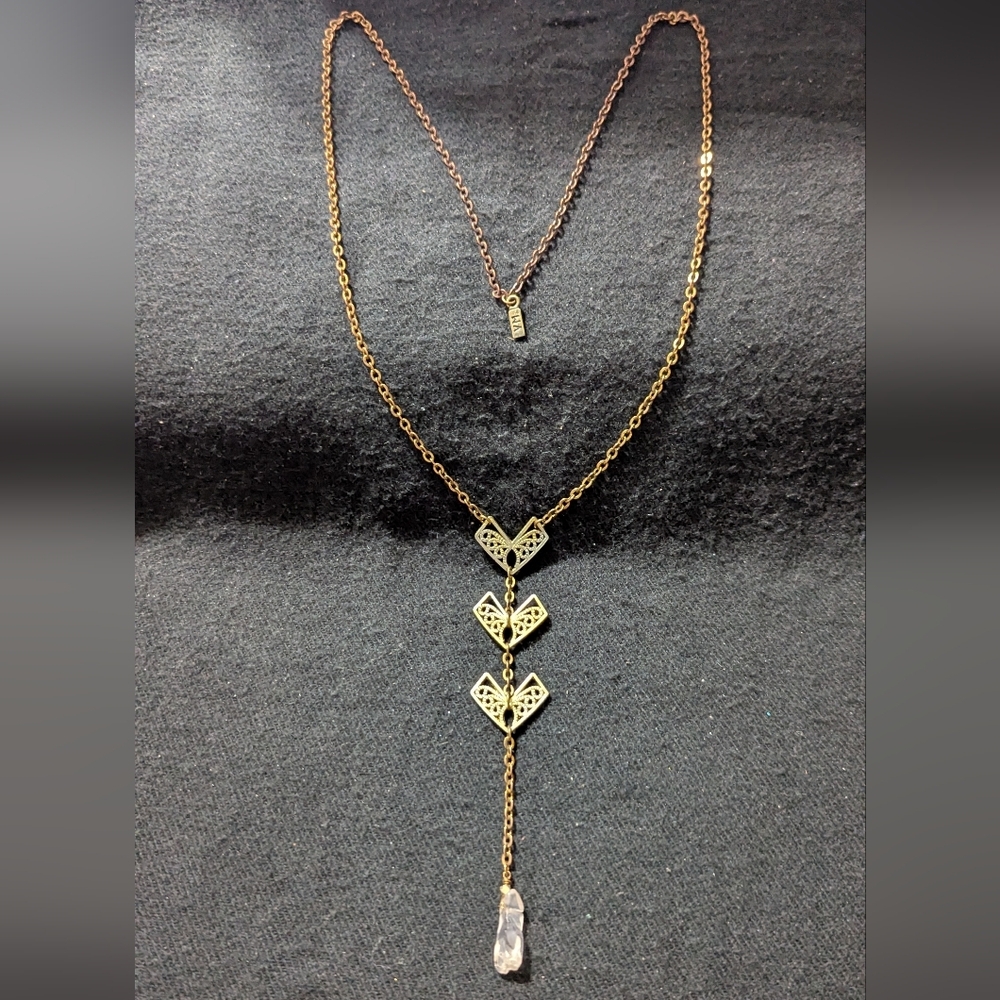 VM Brass Tone Chevron Clear Crystal Drop Pendant Statement Necklace